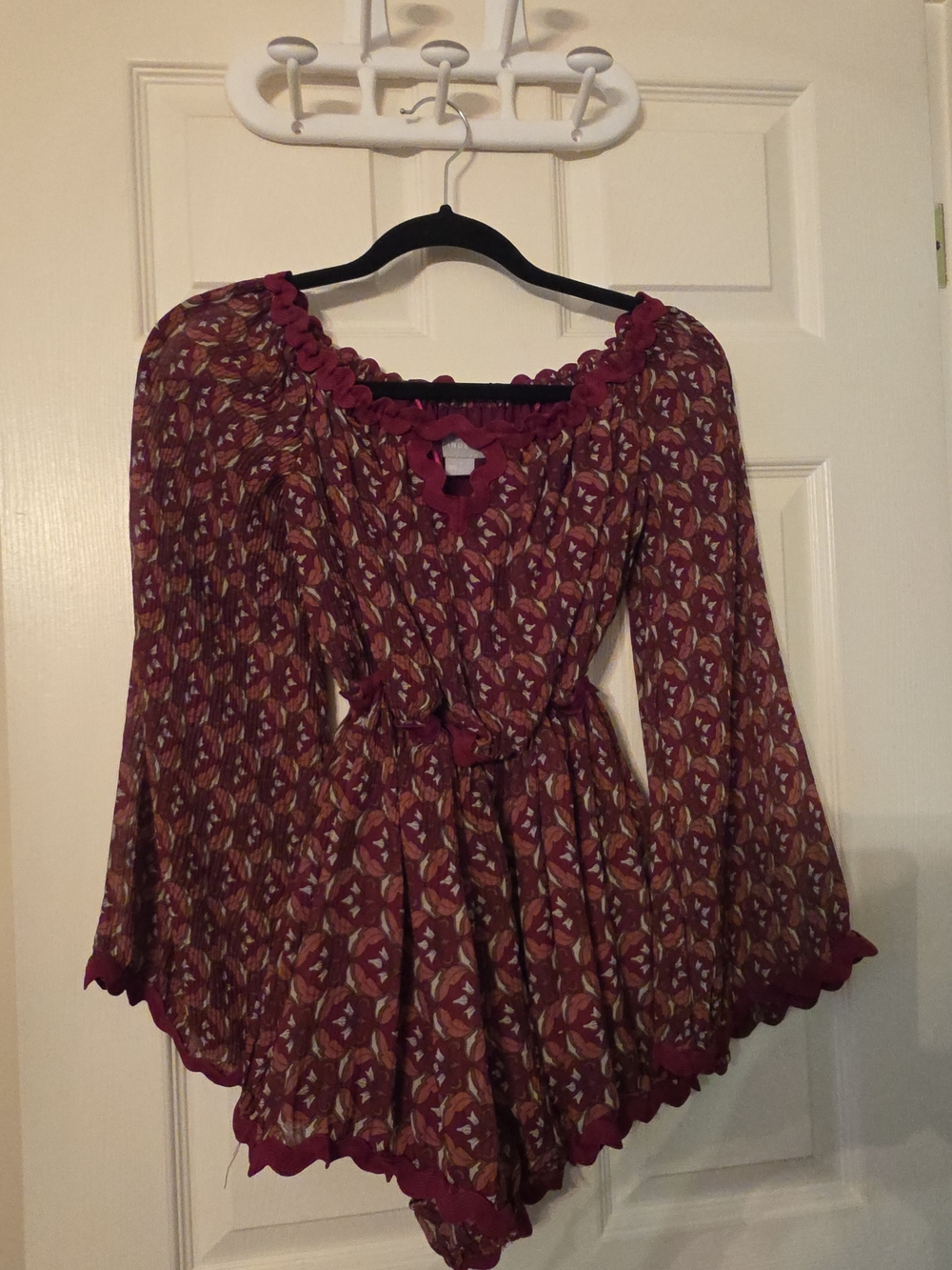 Floral Off-Shoulder Peasant Romper in Burgundy